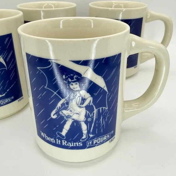 Vintage Morton Salt Girl Coffee Mug Set 4 Historical Logos 1914-1968 Cream Blue - Picture 4 of 8